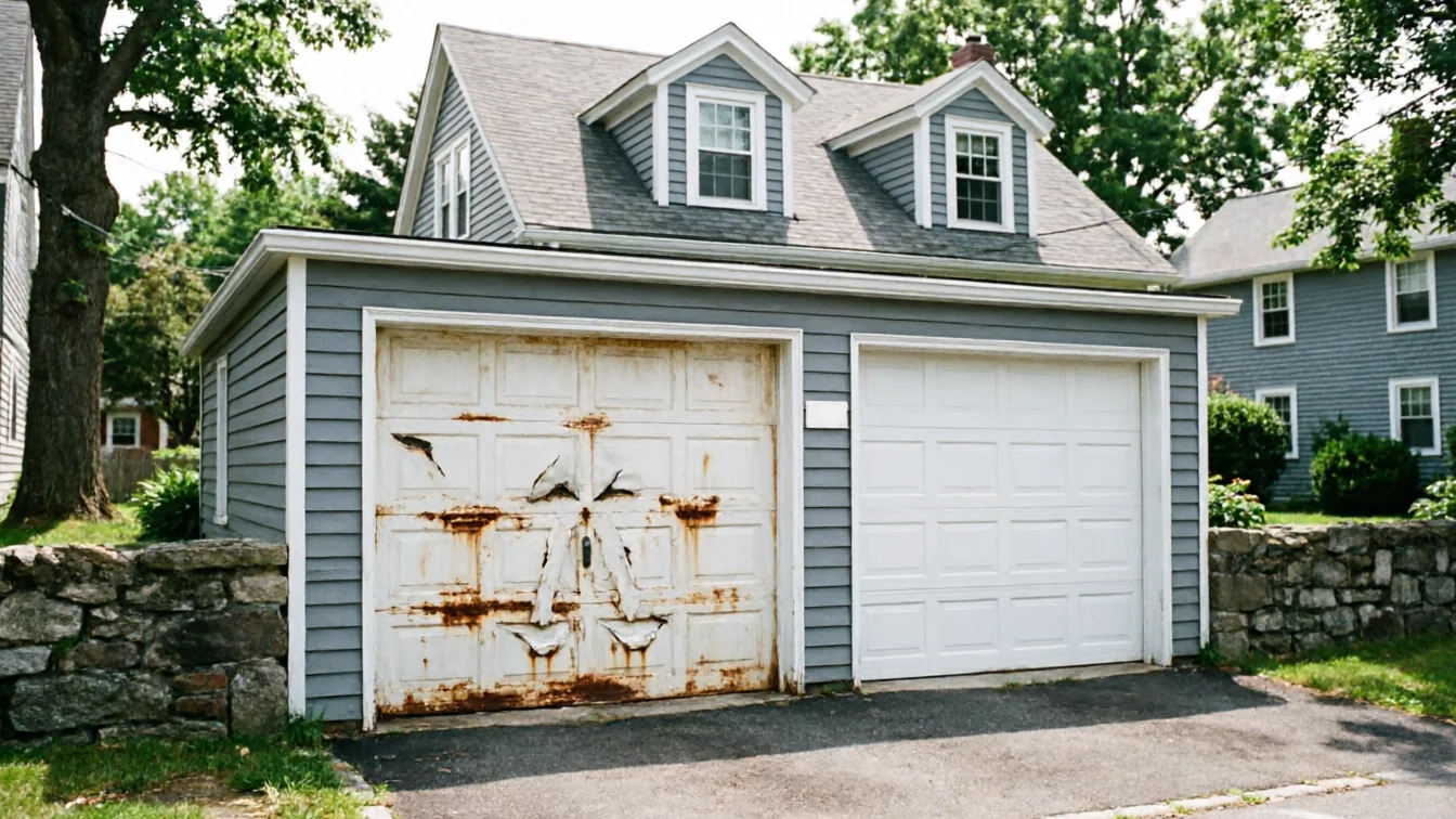 A two-car garage has one rusty, damaged door and one new white door.