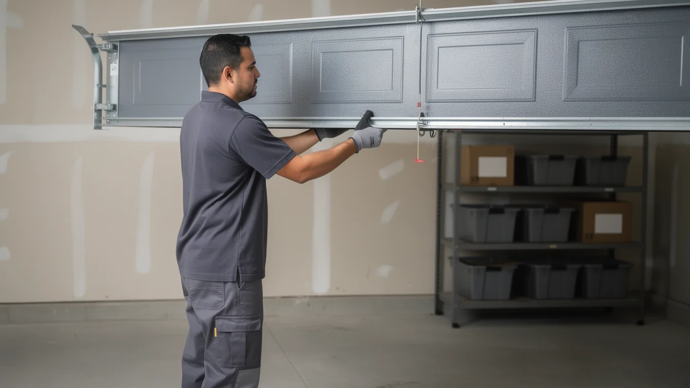 A technician in gray work clothes is installing a gray garage door.