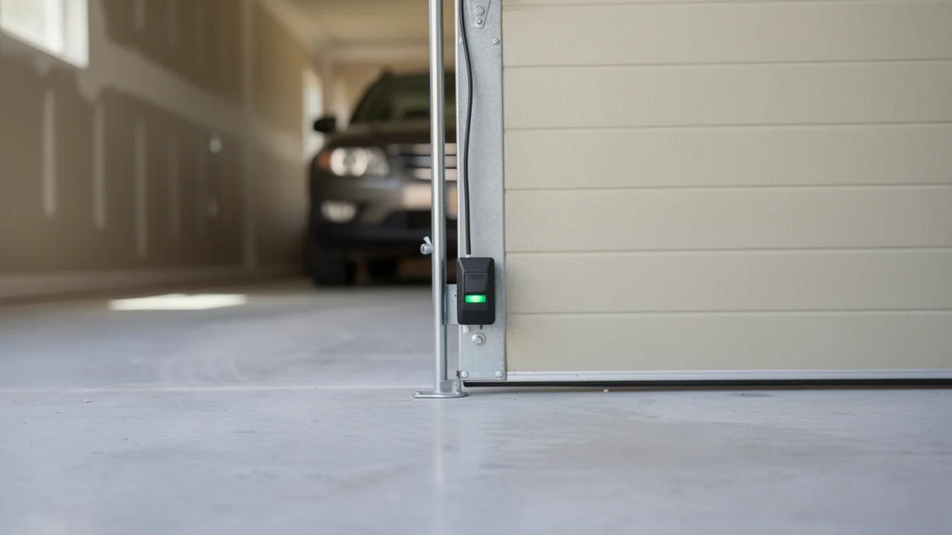 A garage door safety sensor with a green light is mounted on a garage door track.