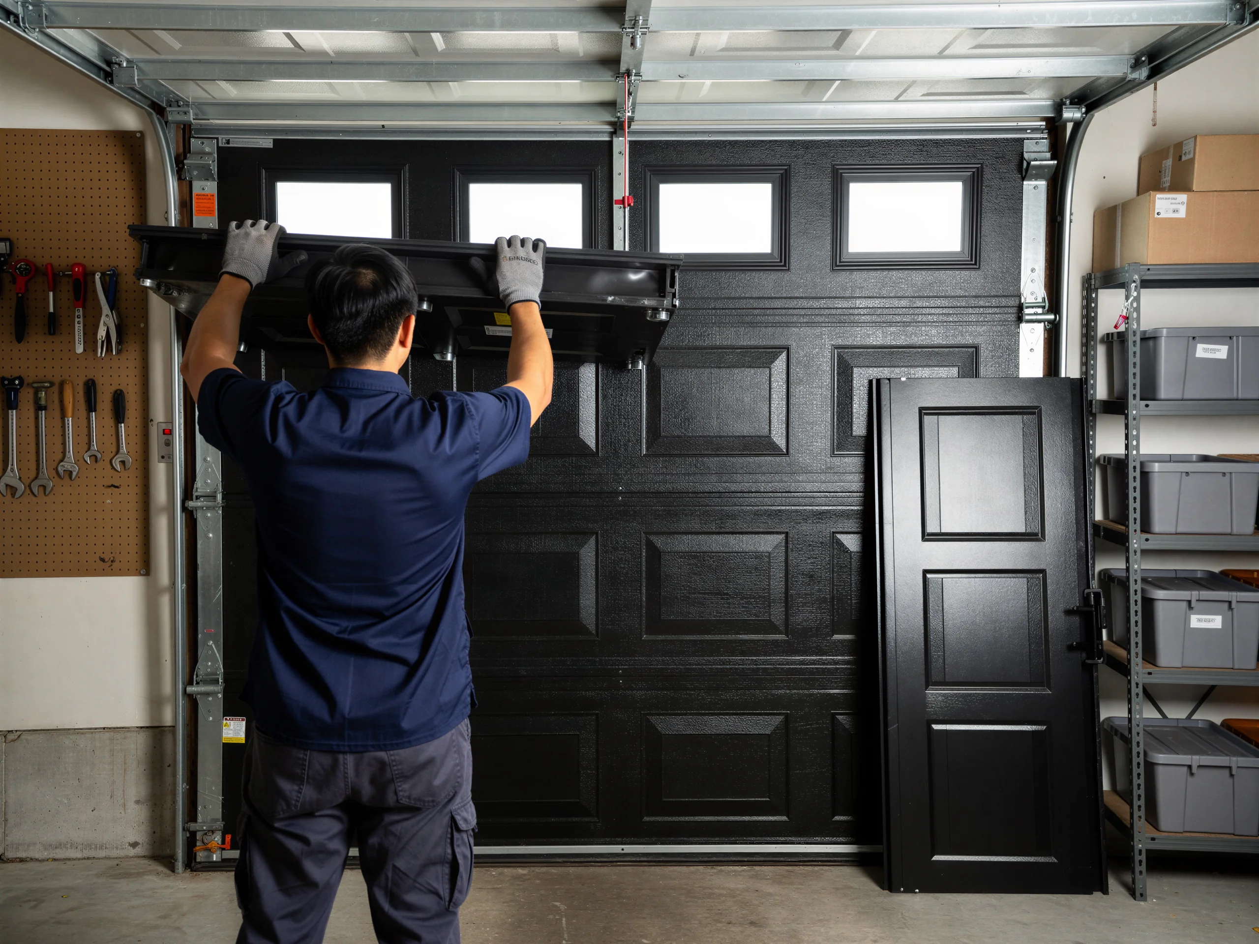 A technician installs a black garage door panel with windows.