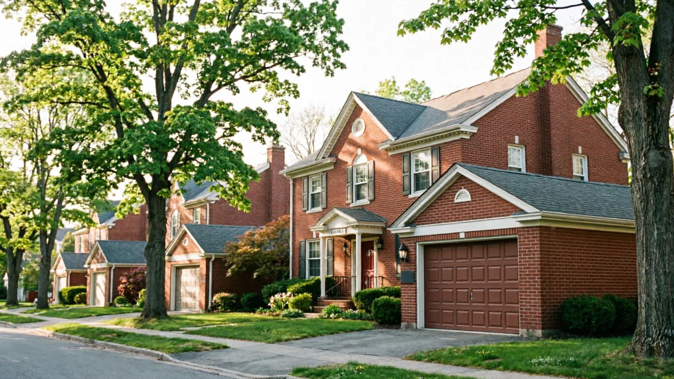 A row of brick houses with brown garage doors lines a tree-lined street.